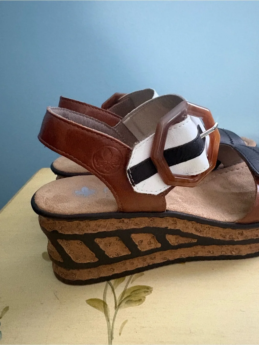 Rieker Women’s Tri-Color Platform Sandal - White, Brown & Black